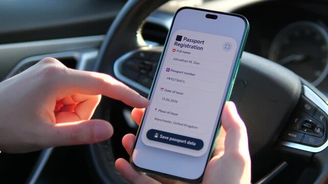 Close-up of digital passport registration on a smartphone. Features clean UI with identity verification fields. Ideal for fintech, KYC processes, and personal data management content. Secure mobile