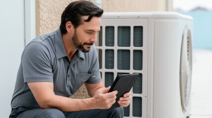 Fototapeta premium Technician checking air conditioning unit system with digital tablet during routine maintenance outdoor repair service in residential area