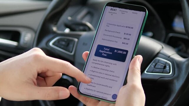  Close-up of a person reviewing citizenship application fees and processing time on a mobile app. Modern digital immigration service UI with detailed costs. High-tech government solutions.