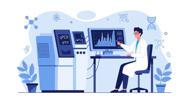 Scientist Analyzing Data on Computer in Modern Laboratory with PCR Machine
