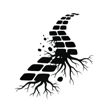 Nature reclaiming urban space. Tree roots breaking through a brick path vector illustration. Concept of growth and natural power isolated on transparent background