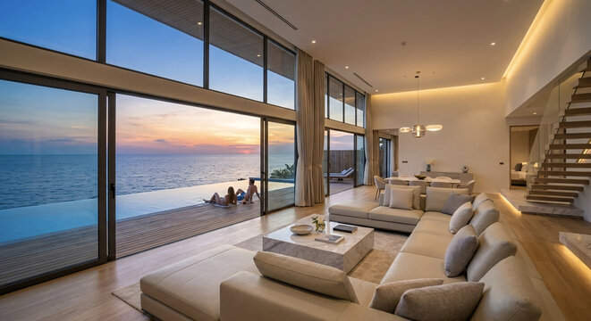 Luxurious modern resort living room interior with panoramic ocean view and private infinity pool at sunset