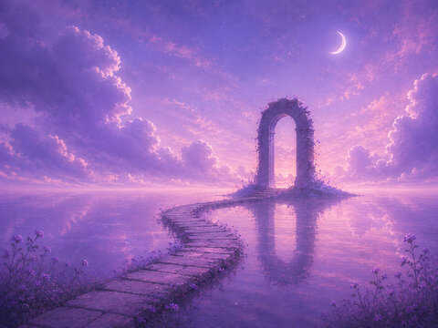 Surreal dreamcore landscape with stone path leading to a magical archway over water in violet celestial world