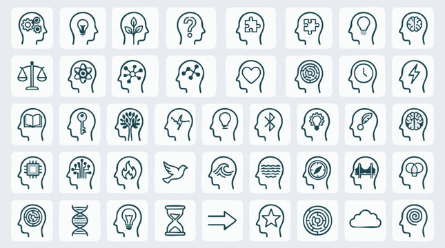 Collection of diverse mind icons with human head profiles and concepts