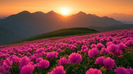 Obraz premium Stunning sunrise over mountain range with vibrant pink flower field in foreground creating a serene and colorful natural landscape scene at dawn