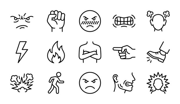 Anger Emotion Icons, Aggression Symbols, Frustration Vector Set, Negative Feelings