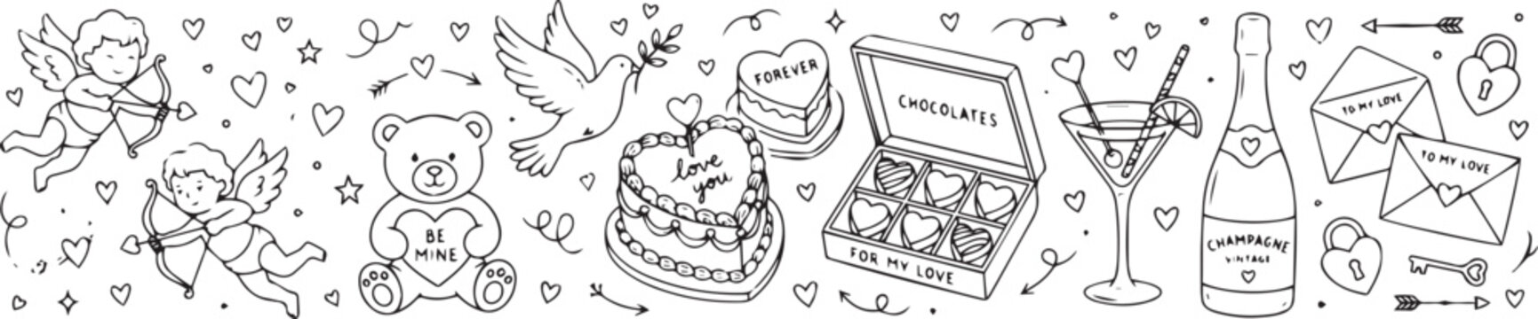 Charming hand-drawn Valentine's Day collection featuring romantic elements like cupids, love letters, chocolates, gifts, and celebration doodles in a delightful line art style
