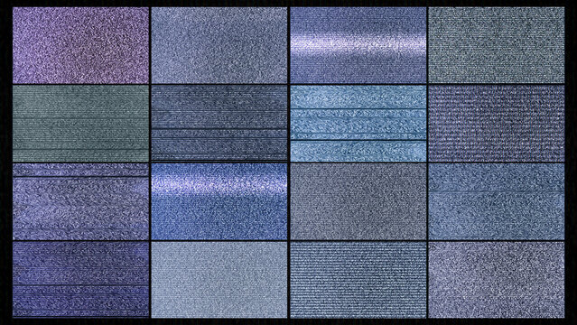 Screen of broken CCTV cameras with strong interference