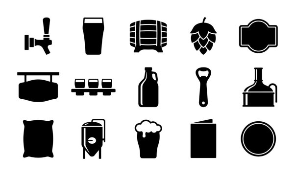 Brewery Icons Set, Craft Beer Vector Graphics, Bar Equipment & Ingredients Collection