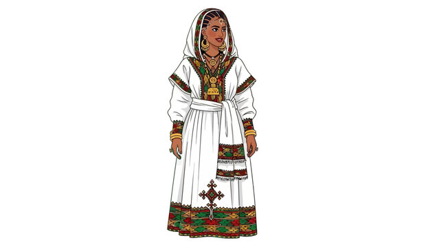 Ethiopian Woman in Traditional White Dress with Colorful Embroidery.