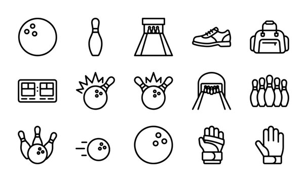 Bowling Icons Set, Sport Vector Graphics, Game Equipment Collection, Recreation Symbols