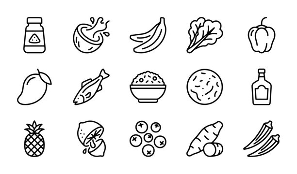 Healthy Food Icons Set: Fresh Produce, Tropical Fruits, and Staples for Nutrition and Diet Graphics