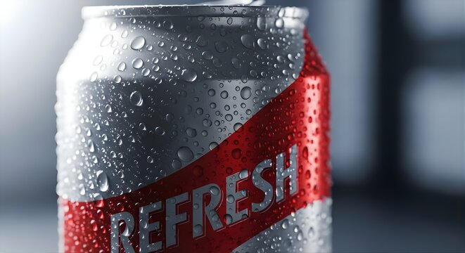Close-up of a Cold Refreshing Drink Can Covered in Water Droplets.