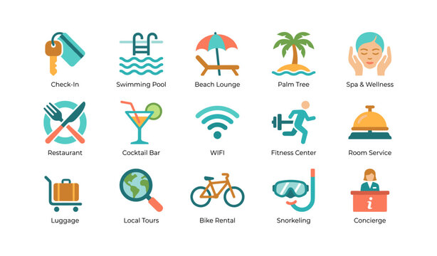 Hotel amenities icons displayed in grid on white background