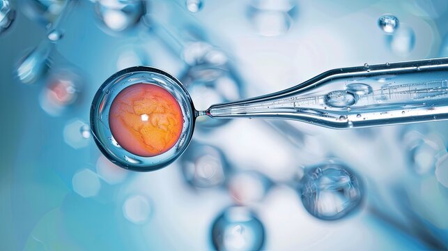 IVF microscopic scene, embryo and microneedle, reproductive medicine research and treatment material