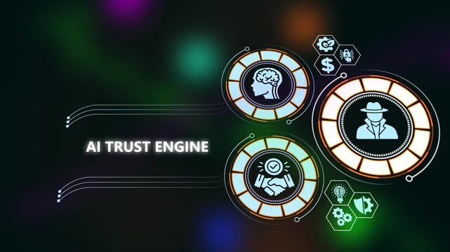 Ai trust engine concept: digital security, ethics, and data integrity infographic