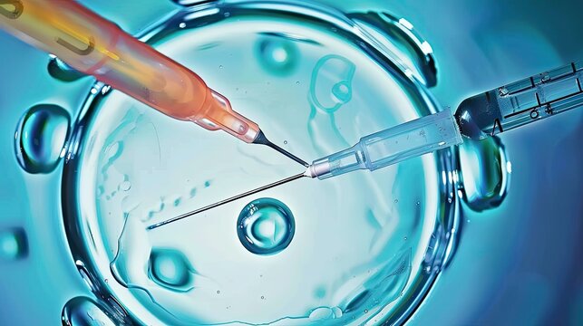 IVF microscopic scene, embryo and microneedle, reproductive medicine research and treatment material