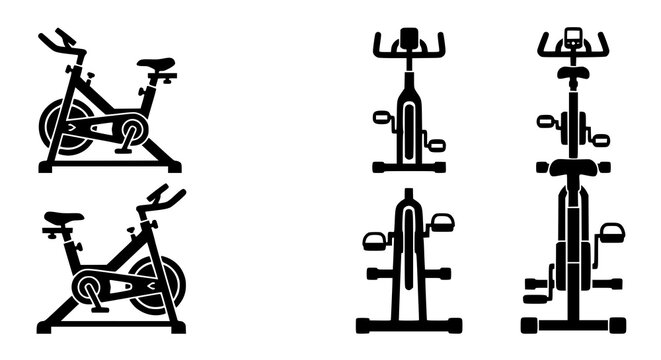 Stationary exercise bike silhouette vector set with indoor cycling equipment in different angles