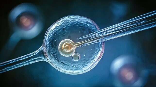 IVF microscopic scene, embryo and microneedle, reproductive medicine research and treatment material