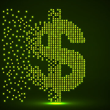 Dollar of pixels with an explosion, halftone style. Vector illustration