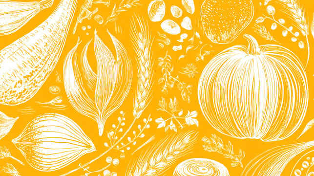 Yellow monochromatic pattern of harvest vegetables and grains with vegetable pattern