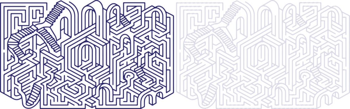 Maze puzzle abstract pattern with isometric lines and geometric structure on a transparent background