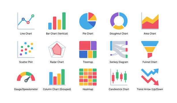 Chart icons showing different data visualizations on white backdrop