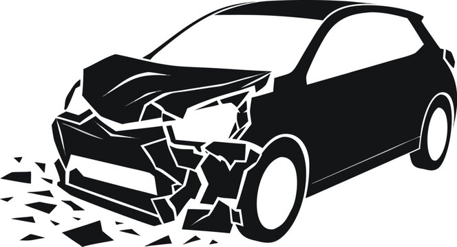 Damaged car, crashed vehicle, broken windshield, smashed front, black silhouette