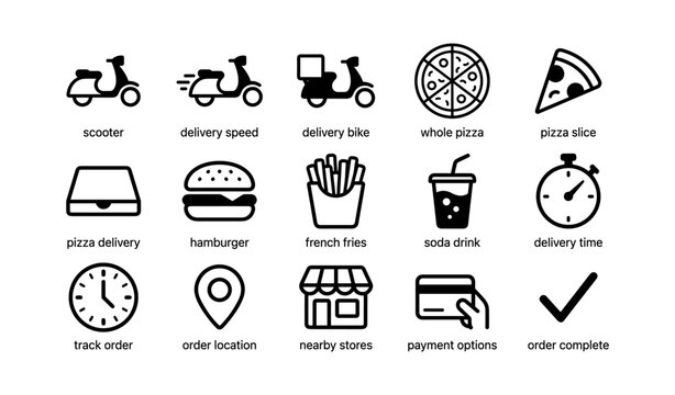 Food delivery icons showing transport ordering and payment elements