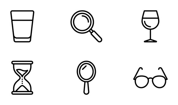 Minimalist Icon Set: Glass, Magnifying Glass, Wine Glass, Hourglass, Hand Mirror, Glasses