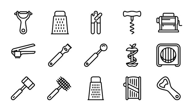 Kitchen Utensil Icons: Peeler, Grater, Opener, Corkscrew, Pasta Maker, Garlic Press, Meat Tenderizer, Apple Corer, Mandoline Slicer, Bottle Opener
