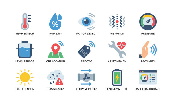 Sensor and monitoring icons representing iot metrics on white background