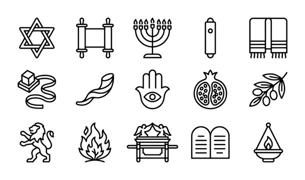 Jewish Symbols Vector Icons Set: Star of David, Menorah, Torah, Hamsa, Shofar, Culture