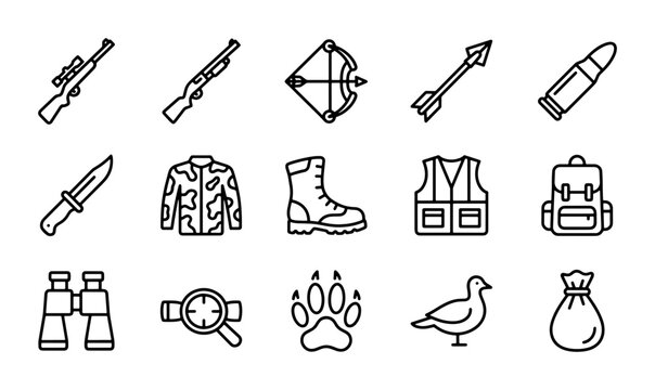Hunting Icons Set, Outdoor Adventure Gear Vector Collection, Sport and Recreation Symbols
