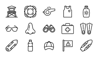 Lifeguard Icon Set, Beach Safety Symbols, Summer Pool Rescue Equipment Vector Graphics © Jannatul