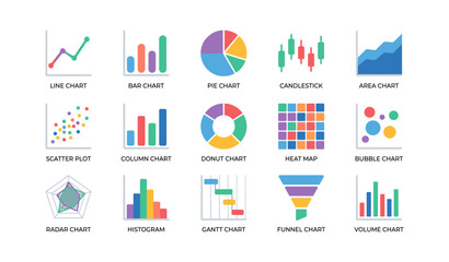 Fototapeta premium Various chart icons showing different chart types on white background