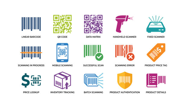 Barcode and scanning icons showing code and scanner symbols on white