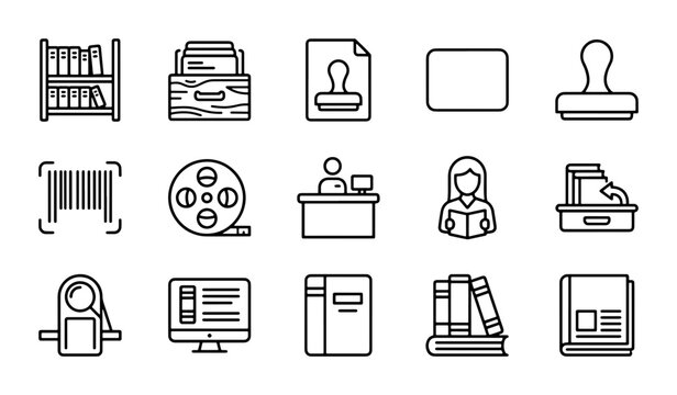 Office and Archive Icons: Bookshelf, Stamp, Barcode, Computer, Filing Cabinet, Book