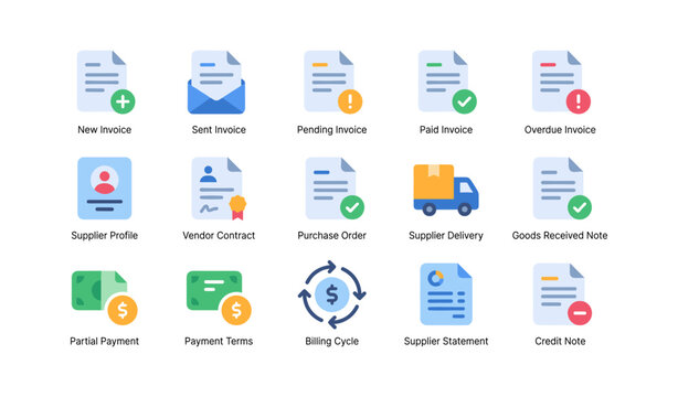 Procurement and invoice icons showing document statuses and payments