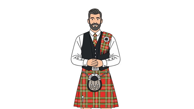 Man in Traditional Scottish Kilt and Vest.