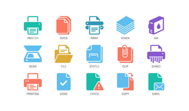 Office printing and document icons on white background