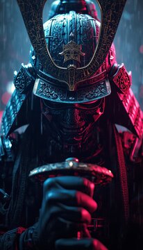 Cyberpunk Samurai warrior with katana and neon lighting, futuristic japanese armor, high resolution digital illustration, generative AI