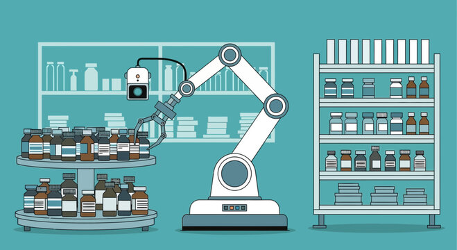 Robotic arm sorting pharmaceutical bottles in a modern automated pharmacy or laboratory.