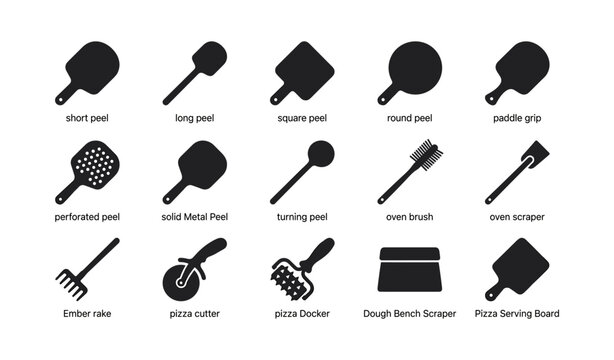 Pizza oven tools icons showing peels and utensils on white background