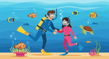 Father and daughter scuba diving together, exploring coral reef and sea life © Ani