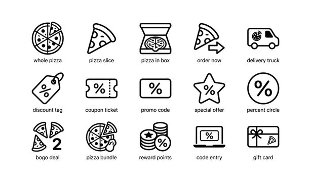 Promotional and pizza icons for delivery and discounts