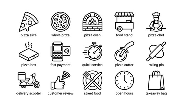 Pizza and takeaway icons showing food items and services