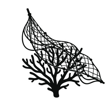 Fishing net entangled in coral reef silhouette. Marine pollution and overfishing concept. Vector illustration isolated on transparent background