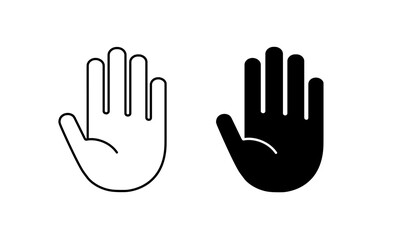 Obraz premium Hand stop. Icon hands. Silhouette hand main isolated on white background. Palm ban sign. Showing gesture stop. Symbol halt. forbidden Logo. Line closed pictogram. Not open. Touch. Vector illustration
