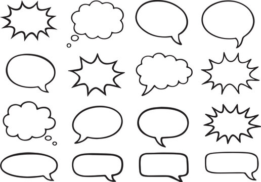 Comic speech bubbles set, hand drawn talk clouds and thought balloons, 16 black outline vector icons for manga and pop art dialogue